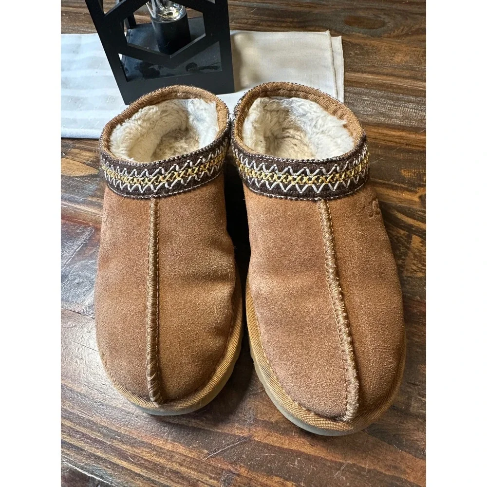 UGG Tasman Chestnut Suede Braid Trim Slip On Mules Shoe Clogs Kids Size Junior 2